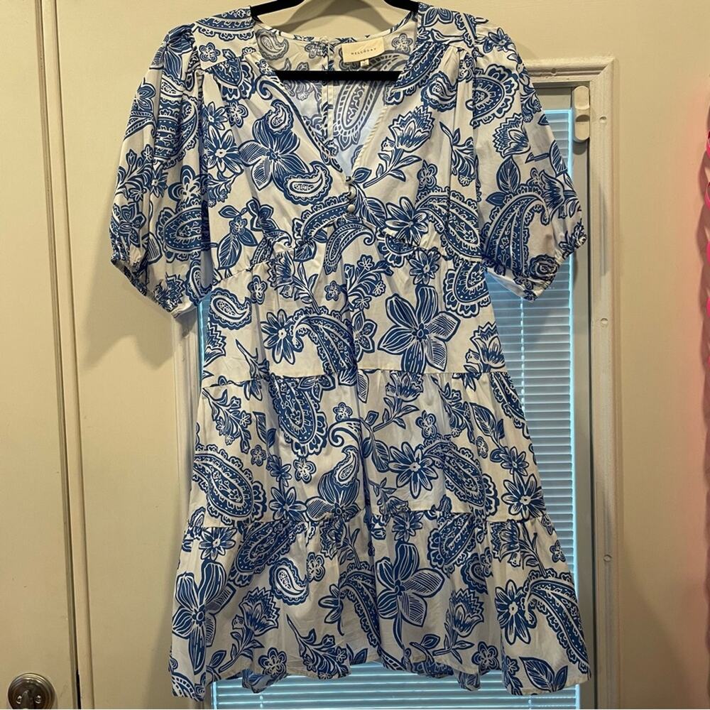 MELLODAY Puff Sleeve Blue and White Floral Minidress Size Small NWOT